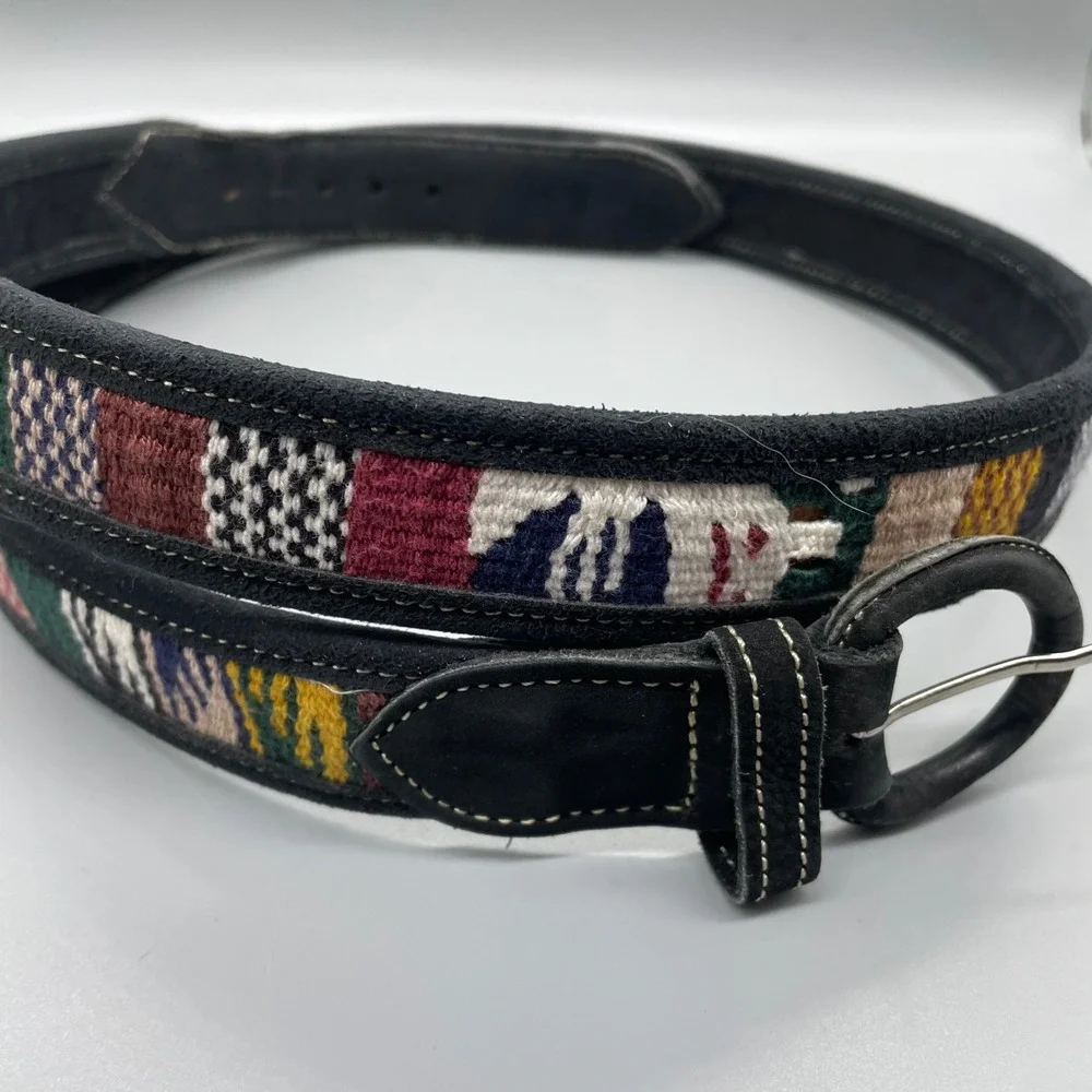 Mens Black Suede Leather Belt Woven Southwestern Kilim Pattern Sz 44 Multicolor